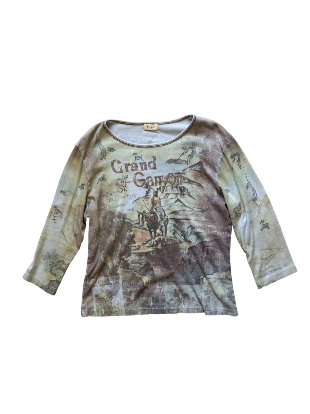 Vintage Y2K Western Grand Canyon Printed 3/4 Sleeve Top Boho Southwestern XL